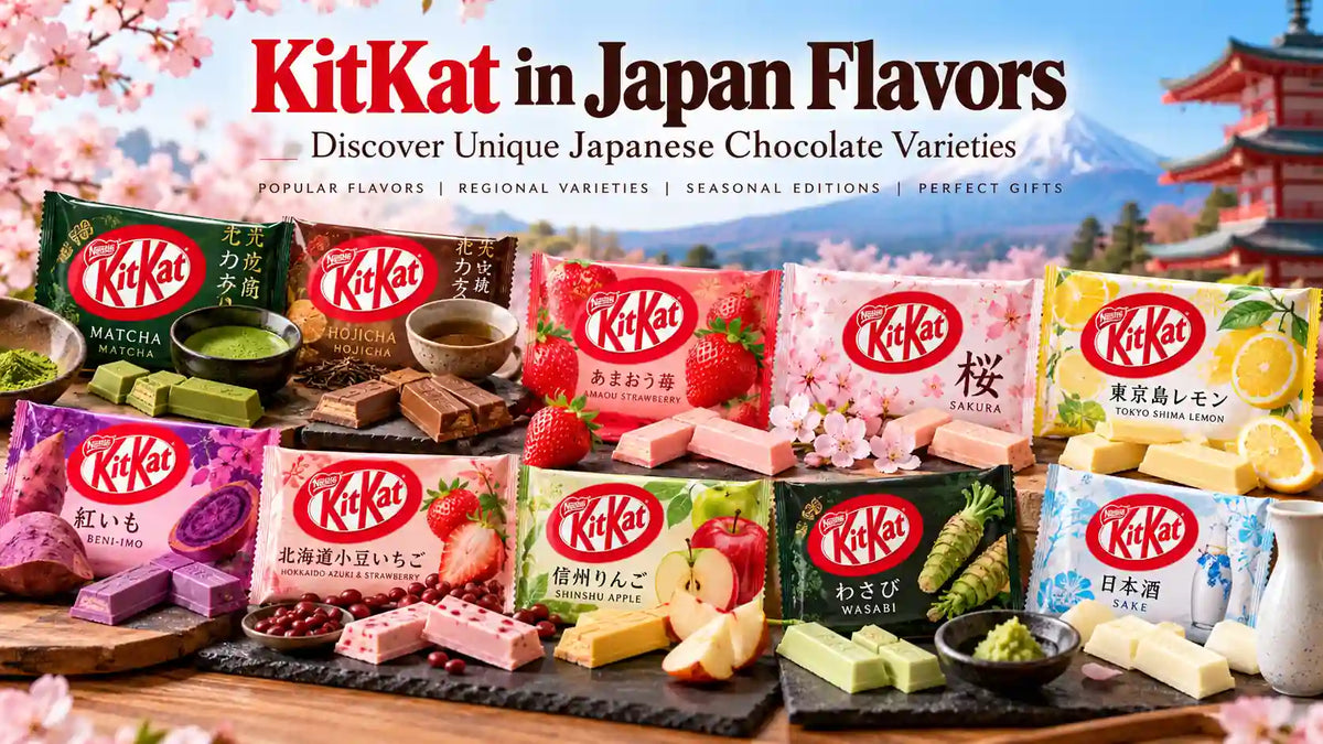 KitKat in Japan flavors featuring matcha, hojicha, strawberry, sakura, Tokyo Shima lemon, beni-imo, Shinshu apple, wasabi, and sake-inspired Japanese chocolate varieties.