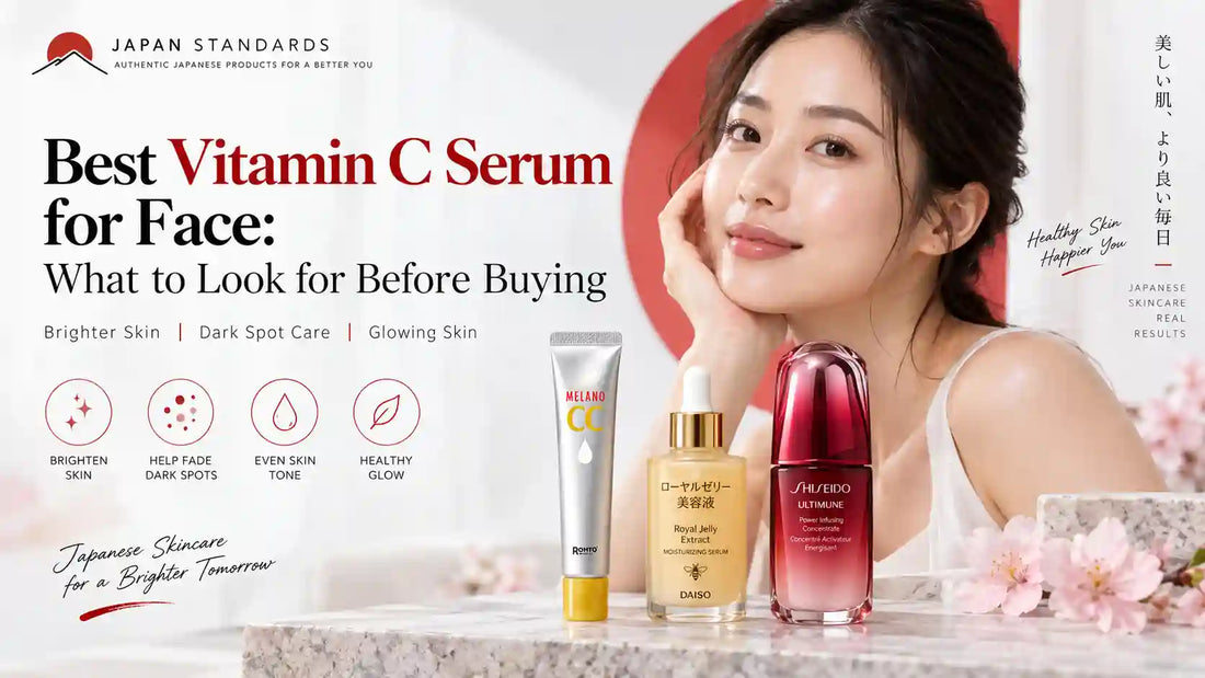 Best vitamin C serum for face featuring Japanese skincare products for brighter, glowing skin and dark spot care.