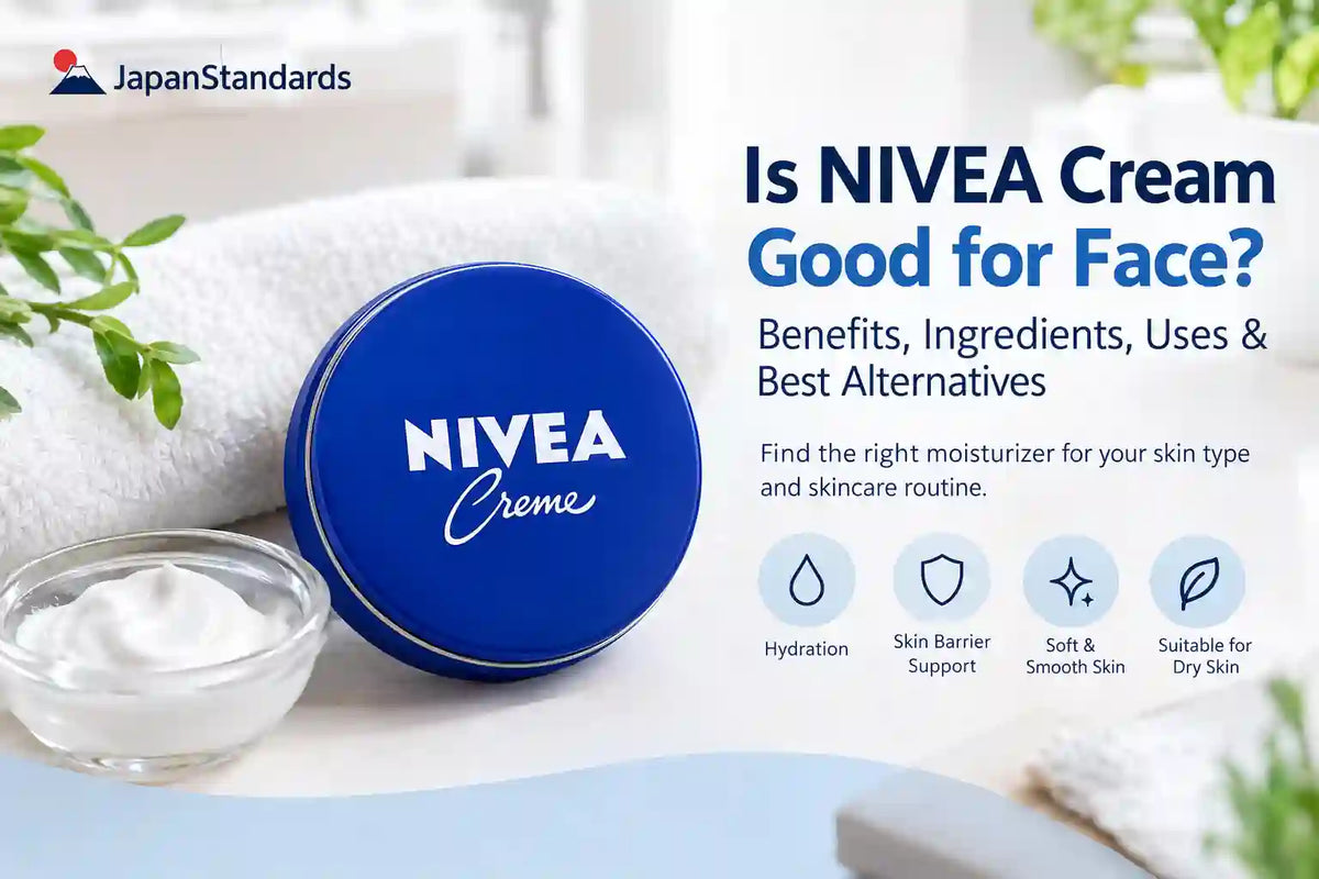 NIVEA Creme blue tin and facial moisturizer with skincare benefits, skin types, and face hydration guide by JapanStandards