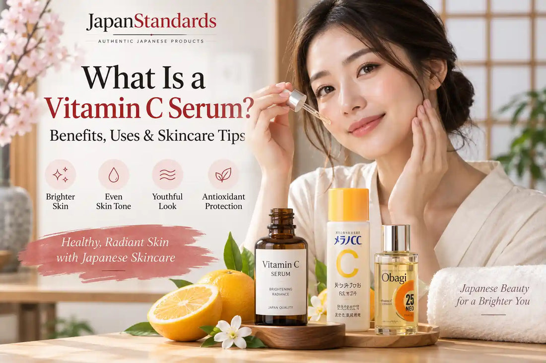 What Is a Vitamin C Serum? Benefits, Uses & Skincare Tips — Japanese skincare editorial featuring vitamin C serum, citrus, and a woman applying serum.