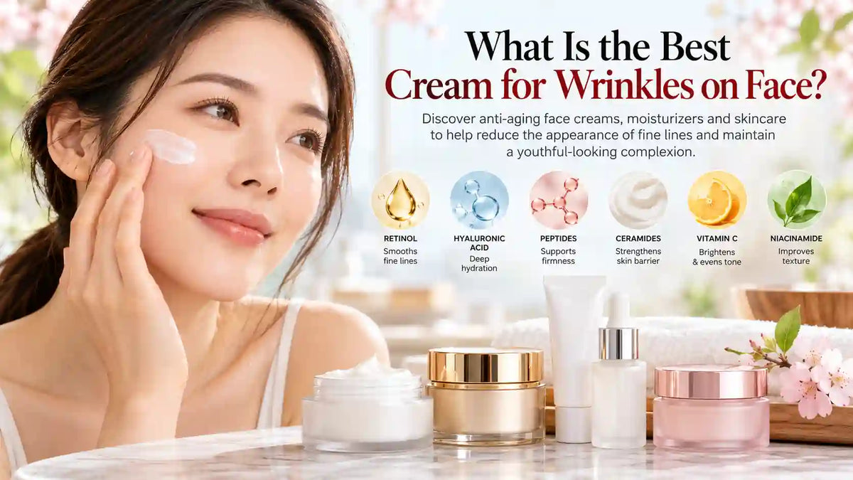 Best cream for wrinkles on face featuring anti-aging skincare products, facial moisturizer, retinol, hyaluronic acid, peptides, and ceramides.