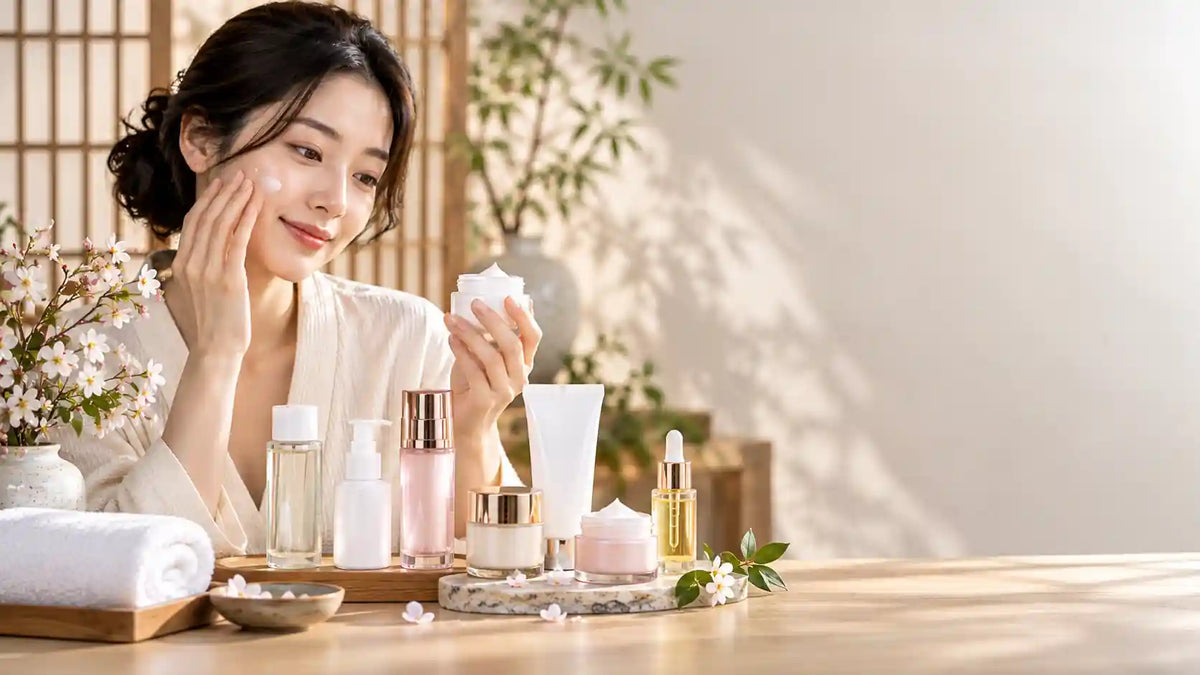 Japanese woman exploring a selection of skincare products in a minimalist Japanese-inspired setting, with creams, serums, cleansers, and natural botanical accents arranged on a wooden table.