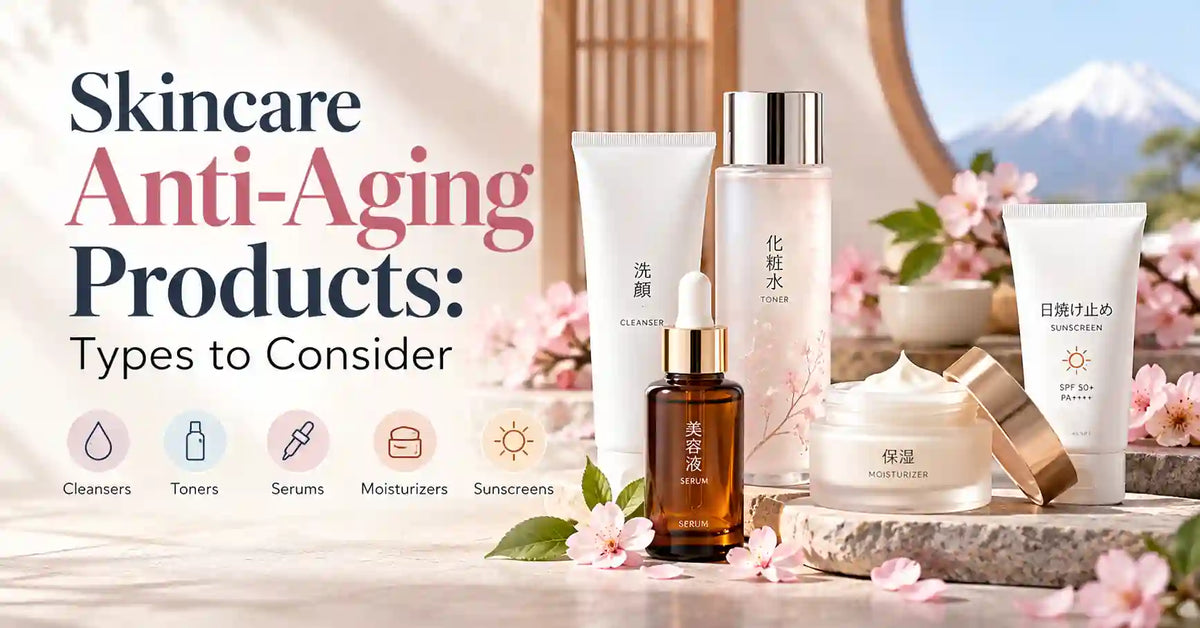 Skincare anti-aging products including cleanser, toner, serum, moisturizer, and sunscreen in a Japanese-inspired beauty setting.