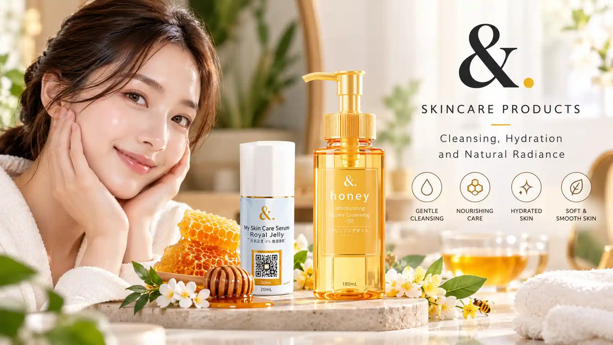 &. skincare products featuring Royal Jelly Facial Serum and Honey Moisturizing Cleansing Oil with honeycomb, honey, and botanical ingredients.