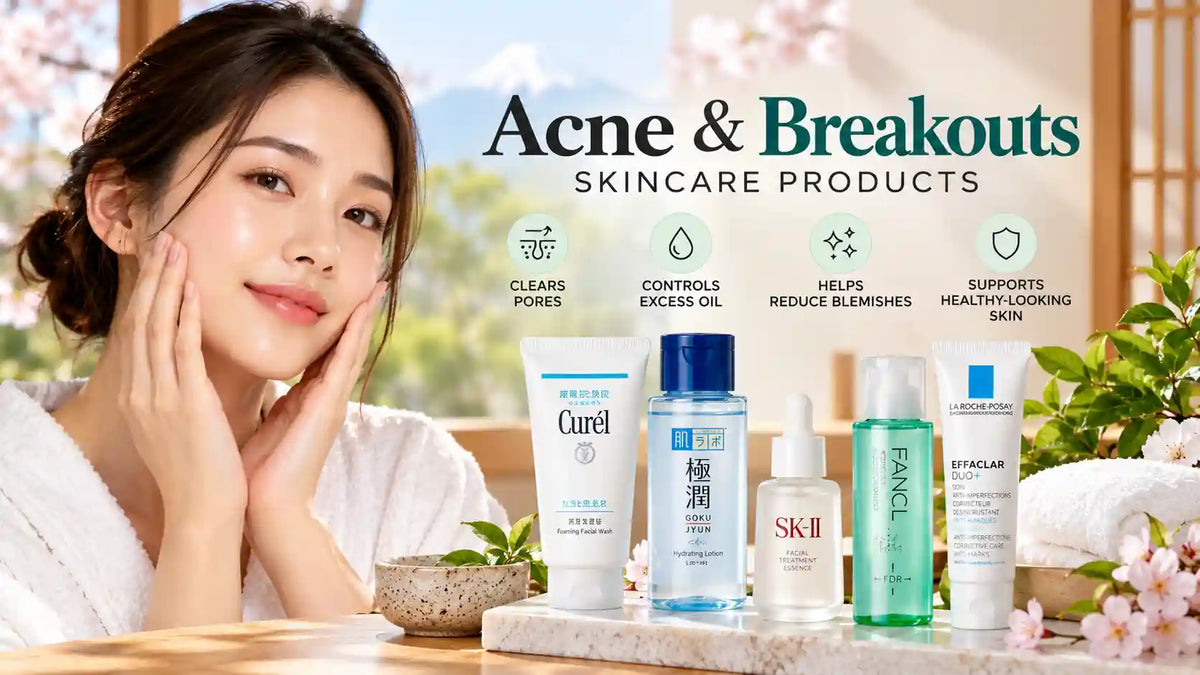 Acne and breakout skincare products featuring facial cleanser, hydrating lotion, serum, and blemish care essentials in a Japanese-inspired skincare setting.
