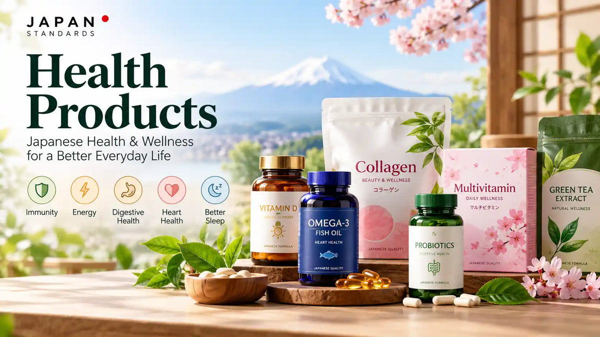 Japanese health products including vitamins, collagen, probiotics, omega-3, and wellness supplements by Japan Standards.