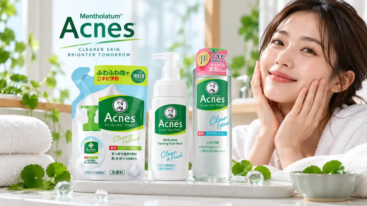 Acnes skincare products by Mentholatum featuring Clear Lotion, Medicated Foaming Face Wash, and a refill pouch displayed alongside a woman in a bright, refreshing skincare setting.