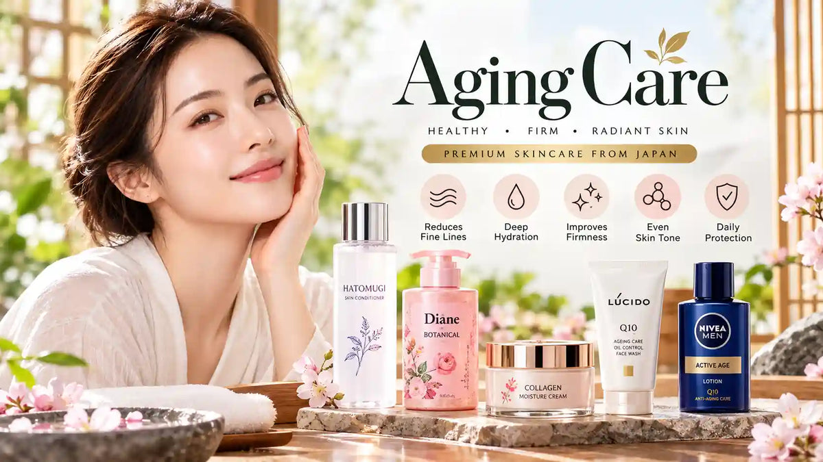 Aging care skincare products featuring anti-aging lotions, moisturizers, and face creams for hydrated, firm, youthful-looking skin.