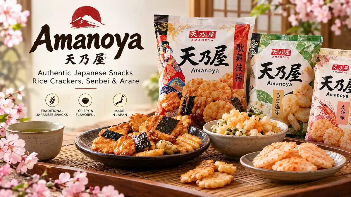 Amanoya Japanese snacks featuring rice crackers, senbei and arare in traditional Japanese packaging.
