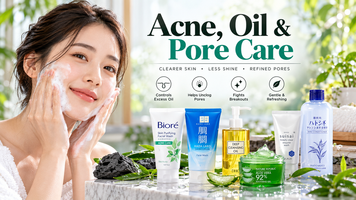 Acne, Oil & Pore Care skincare products featuring facial cleansers, charcoal face wash, cleansing oil, soothing gel, and toner for oily and acne-prone skin at JapanStandards.