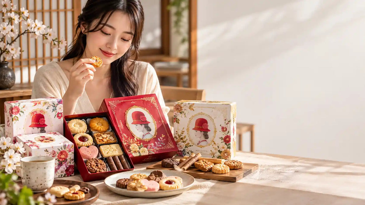 Young Japanese woman enjoying assorted Akai Bohshi cookies and elegant Japanese gift assortments in a warm, minimalist setting with premium cookie boxes and tea.