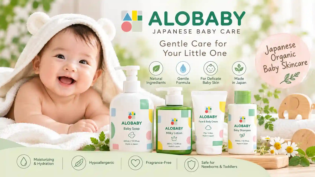 Alobaby Japanese baby care products including baby lotion, milk lotion, baby cream, baby soap and shampoo