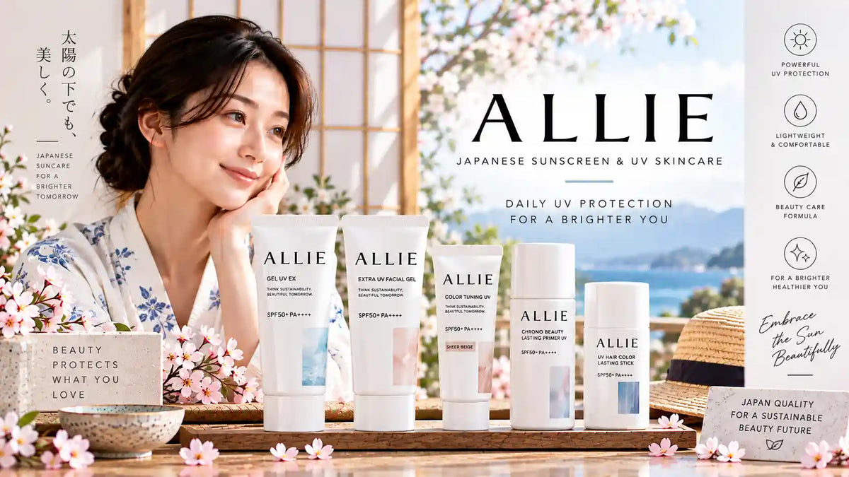Young Japanese woman with ALLIE Japanese sunscreen and UV skincare products arranged in a bright Japanese-inspired setting with cherry blossoms, natural wood, and a serene outdoor backdrop.