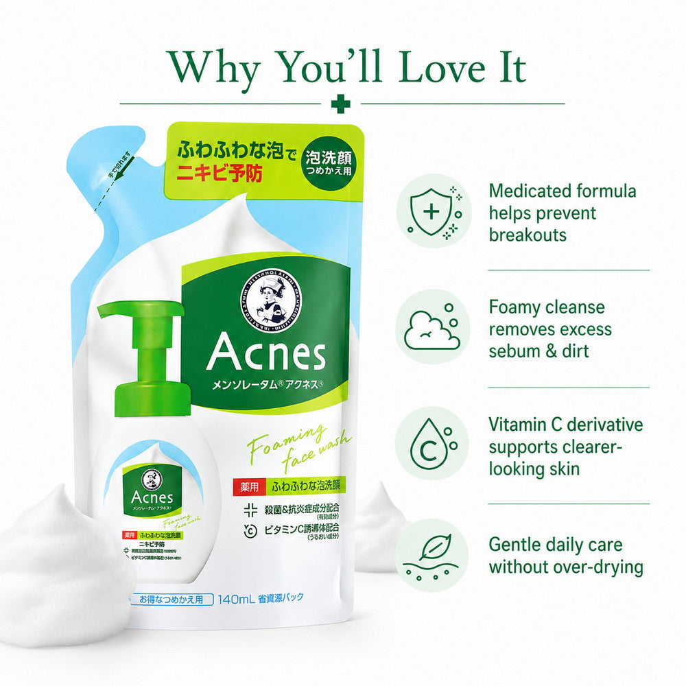 Mentholatum Acnes Medicated Foaming Face Wash (Refill) – Acne Care Cleanser 140ml