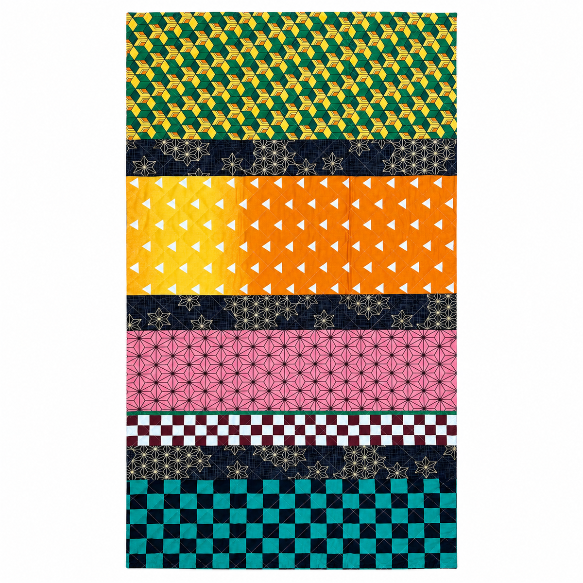 Japanese Anime-Style Quilted Fabric – Green Geometric Pattern