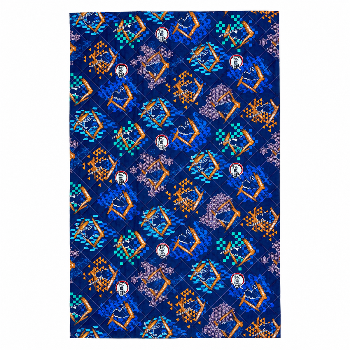 Japanese Anime-Style Quilted Fabric – Blue Geometric Pattern
