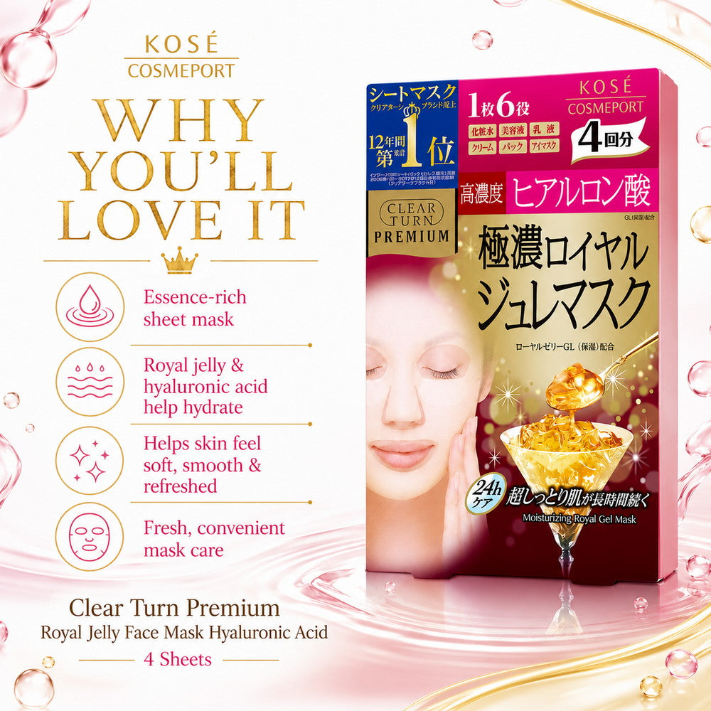 Clear Turn Premium Royal Jelly Face Mask Hyaluronic Acid 4 Sheets